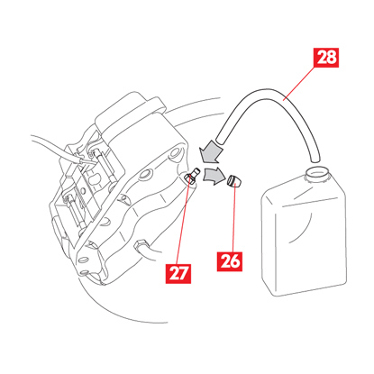 Защитный колпачок снят, пробка для стравливания воздуха на суппорте соединена с трубкой, подсоединенной к емкости сбора выходящей жидкости.