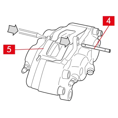 Ziehen Sie den/die Stift(e) (Punkt 4) mit Hilfe eines Hammers und eines Splinteintreibers heraus. Führen Sie das Herausziehen von Hand durch und achten Sie dabei darauf, dass die Federn (Punkt 5) in ihrer Position bleiben.