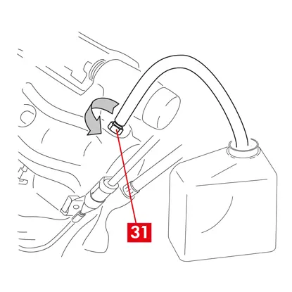 وصّل أنبوب شفاف بسدادة صمام التفريغ (النقطة 31) على الكاليبر، والذي يجب وضع نهاياته في وعاء لجمع أي سائل.