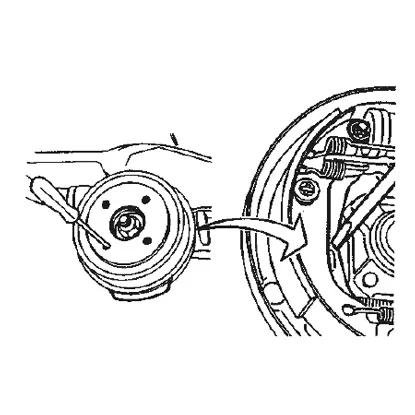 قم بفك الجرن. في حالة مواجهة صعوبة، لفك مانعات التسرب، أدخل مفكًا من خلال فتحة تثبيت العجلة على الجرن، وادفع ذراع فرامل اليد للخلف خلف قلب كتلة الفرامل.