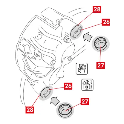 نظف الأجزاء بعناية (النقطة 26) للتأكد من أنها ستظل في مكانها والتأكد من تناسب الأغطية الواقية الجديدة (النقطة 27)، وقم بتشحيم سطحها الداخلي ومقعد جسم الكاليبر بالشحم الموجود في مجموعة قطع الغيار.