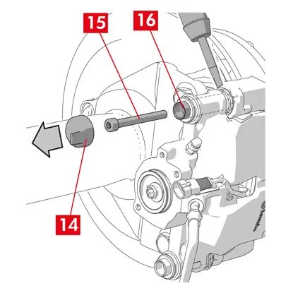 أزل الغطاء الواقي (النقطة 14) من الجلبة الرئيسية (جانب مدخل قرص دورة الدفع الأمامي).
