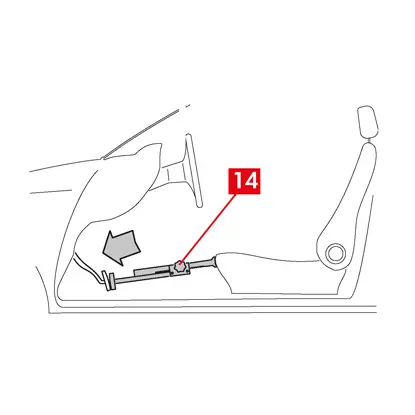 ضع مباعد (النقطة 14) داخل مقصورة الركاب بين المقعد ودواسة الفرامل للتأكد من استمرار الضغط على الدواسة طوال مدة هذه العمليات.