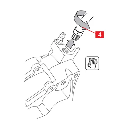 الفصل الكامل لأنبوب إمداد السائل (النقطة 4) عن الكاليبر. اشفط فورًا أي تسربات لسائل الفرامل. أبقِ أنبوب الإمداد مرفوعًا لمنع تسرب السوائل.