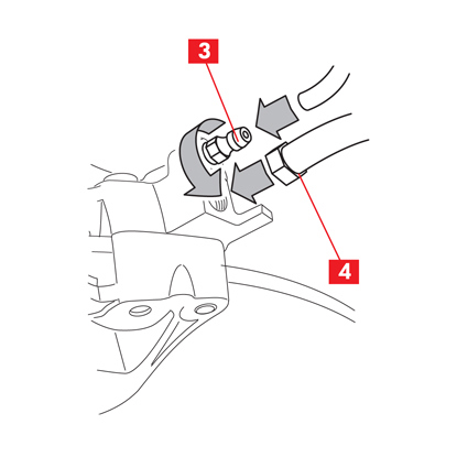 Odvzdušňovací zátka a průhledná hadice jsou spojené se třmenem.