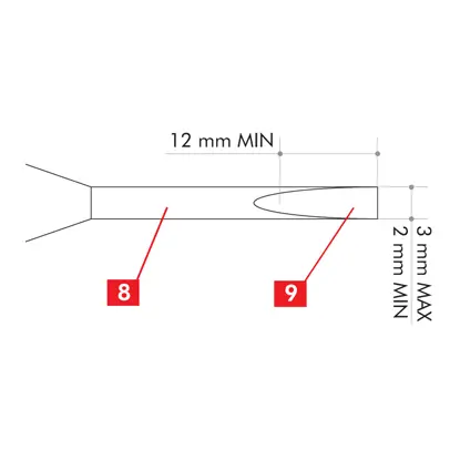 Hrot plochého šroubováku maximálně 3 mm a minimálně 12 mm.