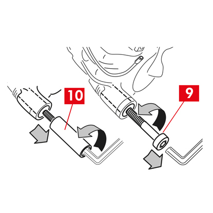 Schrauben Sie die Schraube (Punkt 9) oder die integrierte Führungsbuchse (Punkt 10) mit einem Schraubenschlüssel ab und entfernen Sie sie vollständig.
