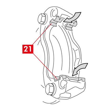 Falls Ersatz vorhanden ist, tauschen Sie die seitlichen Federn (Punkt 21) in der Bremssattelhalterung aus und lassen Sie sie mit festem Druck einrasten.