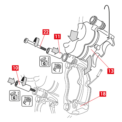 Ziehen Sie das Bremssattelgehäuse (Punkt 13) von der Bremssattelhalterung (Punkt 12) ab und achten Sie dabei darauf, dass der Bremsflüssigkeitsschlauch nicht unter Spannung steht.