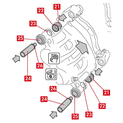 Schmieren Sie die gesamte Innenfläche der Manschetten (Punkt 21) und das Kontaktprofil (Punkt 22) mit dem Bremssattelgehäuse.   13. Setzen Sie die Manschetten (Punkt 21) in die Aufnahmen (Punkt 23) auf dem Bremssattelgehäuse.  ACHTUNG! Prüfen Sie mit dem Finger das korrekte Einsetzen und den korrekten Sitz der Manschette im Bremssattelgehäuse.   14. Schmieren Sie die Außenflächen der Buchsen (Punkt 24) und ihre Aufnahmen (Punkt 25) im Bremssattelgehäuse, setzen Sie die Buchsen von der, der Manschette gegenüberliegenden Seite in das Bremssattelgehäuse ein.  15. Schieben Sie die Buchsen (Punkt 24) bis zum Einsetzen der Manschette (Punkt 21) in die Aufnahme ein (Punkt 26).