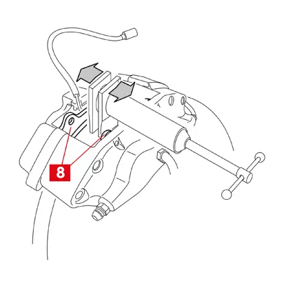 Ziehen Sie die Kolben mit einem Dehninstrument oder einem anderen geeigneten Werkzeug leicht zurück, indem Sie Druck auf die Beläge ausüben (Punkt 8). Die Kolben müssen weit genug zurückgezogen werden, damit sich der Bremssattel von der Scheibe wegbewegen kann.