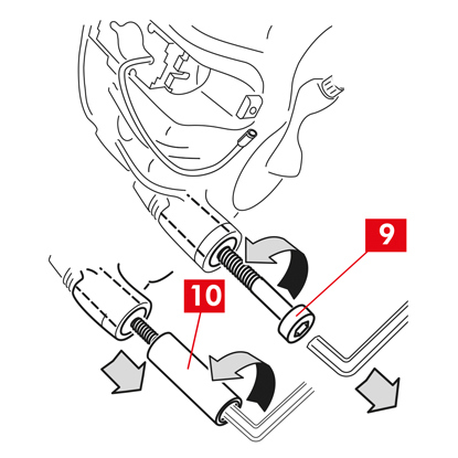 Schrauben Sie die Schraube (Punkt 9) oder die integrierte Führungsbuchse (Punkt 10) mit einem Schraubenschlüssel ab und entfernen Sie sie vollständig.   10. Bei einer nicht integrierten Führungsbuchse (Punkt 11) entfernen Sie die Führungsbuchse aus der Bremssattelhalterung (Punkt 12), indem Sie sie mit einem Schraubendreher in die Halterung hebeln. 