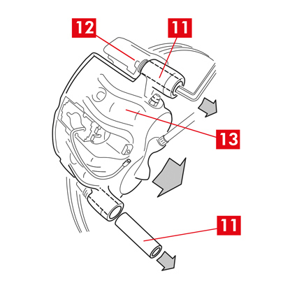 . Beim Austausch des Bremssattels an Hinterrädern mit Federung und Blattfedern müssen beide Führungsbuchsen 11 herausgezogen werden, um das Bremssattelgehäuse (Punkt 13) vollständig von der Bremssattelhalterung (Punkt 12) zu trennen.  ZUR BEACHTUNG! Wenn Beläge am Bremssattel festsitzen, entfernen Sie diese mit einem Schraubendreher, wobei Sie darauf achten müssen, dass Sie keine Gummiteile des Bremssattels beschädigen. GEFAHR! Durch das Öffnen des Bremssattelgehäuses könnten die Restmoment-Ausgleichsfedern austreten.