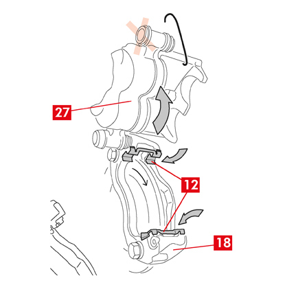 Falls vorhanden, montieren Sie die seitlichen Federn (Punkt 12) in die Bremssattelhalterung und lassen Sie sie mit festem Druck einrasten.