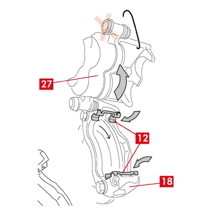 Das überschüssige Fett entfernen.   17. Montieren Sie das Bremssattelgehäuse auf die Bremssattelhalterung, setzen Sie die Schraube oder die integrierte Buche auf der Ausgangsseite der Scheibe (in Vorwärtsrichtung) ein und ziehen Sie sie fest.   18. Bewegen Sie das Bremssattelgehäuse (Punkt 27) von der Bremssattelhalterung (Punkt 18) weg, indem Sie ihn um die andere Führungsbuchse drehen, damit die Bremsbeläge in die Bremssattelhalterung eingesetzt werden können. Befestigen Sie das Bremssattelgehäuse mit Hilfe geeigneter Halterungen am Fahrzeugrahmen.  ACHTUNG! Der Sitz der Führungsbuchse darf nicht als Befestigungspunkt verwendet werden.