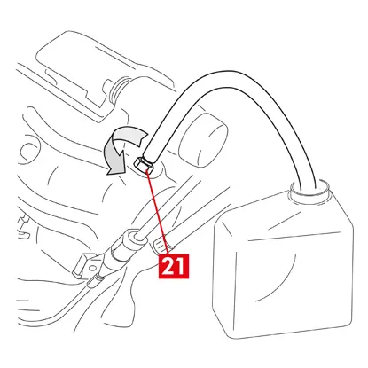 Öffnen Sie die Entlüftungsschraube (Punkt 21).   19. Betätigen Sie im Fahrzeug wiederholt das Bremspedal, bis Bremsflüssigkeit aus der Entlüftungsschraube austritt.