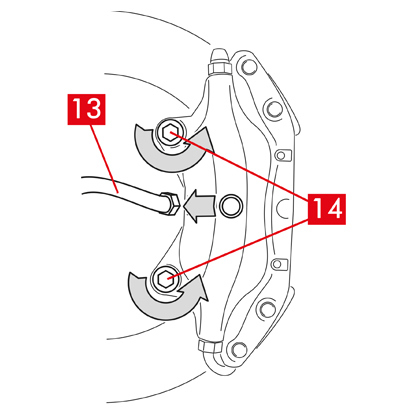 Lösen Sie die Zuleitung (Punkt 13) am Bremssattel gerade so weit, dass sie von Hand vollständig abgeschraubt werden kann, vermeiden Sie jedoch, dass Bremsflüssigkeit ausläuft.