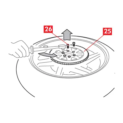 The ring gear is removed from the wheel by unscrewing the fastening screws.