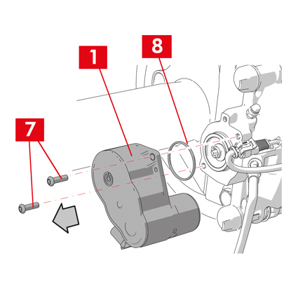 ZUR BEACHTUNG! Demontieren Sie den Getriebemotor nur, wenn er als separates Bauteil geliefert wird.   1. Die Befestigungsschrauben (Punkt 7) des Getriebemotors (Punkt 1) lösen.   2. Den Getriebemotor (Punkt 1) entfernen.   3. Entfernen Sie die Dichtung (Punkt 8).