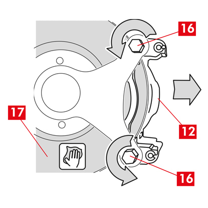 Lösen Sie die Befestigungsbolzen (Punkt 16) mit einem Schraubenschlüssel und nehmen Sie die Bremssattelhalterung (Punkt 12) vom Nabenhalter ab.   21. Reinigen Sie die Reibringe  (Punkt 17) der Scheibe mit einem fettlösenden Mittel (z. B. Lösungsmittel SE47).   ACHTUNG! Bei Bremssätteln mit Feststellbremse: Solange das Bremssattelgehäuse von der Bremsscheibe abgenommen ist und/oder keine Bremsbeläge vorhanden sind, darf der Kolben weder durch hydraulische Betätigung noch durch Hebelbetätigung bewegt werden, da sonst die Feder beschädigt werden und/oder Bremsflüssigkeit austreten könnte.