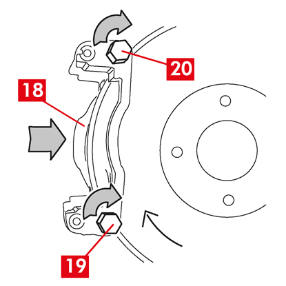 Die neue Bremssattelhalterung (Punkt 18) positionieren und auf die Scheibe setzen.   9. Setzen Sie die beiden Befestigungsschrauben ein und ziehen Sie sie fest (Punkte 19 und 20).   10. Ziehen Sie die Befestigungsschraube der Einlassseite der Scheibe (Punkt 19) (in Vorwärtsrichtung) mit dem vom Fahrzeughersteller vorgeschriebenen Anzugsdrehmoment an.   11. Die zweite Befestigungsschraube 20 (Ausgangsseite der Scheibe) mit dem vom Fahrzeughersteller vorgeschriebenen Anzugsdrehmoment anziehen.   Nutzen Sie die folgenden ungefähren Anzugsdrehmomente als Referenz: