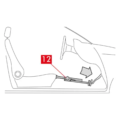 Den Verschluss des Bremsflüssigkeitsbehälters schließen.   2. Bringen Sie einen Abstandshalter (Punkt 12) im Fahrgastraum zwischen Sitz und Bremspedal an, damit das Pedal während des gesamten Vorgangs gedrückt bleibt.  ZUR BEACHTUNG! Dadurch schließt den Hydraulikkreislauf der Bremsen und verhindert so das Austreten der Flüssigkeit. ACHTUNG! Achten Sie bei allen nachfolgend beschriebenen Schritten darauf, dass die Bremsflüssigkeit nicht mit Teilen des Fahrzeugs in Berührung kommt, die beschädigt werden könnten, insbesondere mit lackierten Teilen. Bei Flüssigkeitsspritzern oder versehentlichem Verschütten von Flüssigkeit sofort mit Papier abtupfen und mit Wasser reinigen.