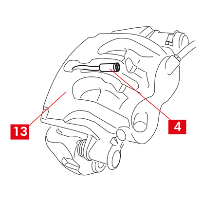 Führen Sie das Kabel des Verschleißanzeigers (Punkt 4) durch die entsprechende Öffnung am Bremssattelgehäuse (Punkt 13):   ACHTUNG! Den Bremssattel vorsichtig schließen und darauf achten, dass die Schutzmanschetten der Buchsen nicht durch Stöße gegen die Bremssattelhalterung beschädigt werden. Bei Bedarf die Manschetten austauschen.  ZUR BEACHTUNG! Bei der Montage von selbstklebenden Bremsbelägen ist darauf zu achten, dass das Bremssattelgehäuse nicht mit dem Bremsbelag in Berührung kommt, bevor die Montage des Bremssattelgehäuses abgeschlossen ist. 