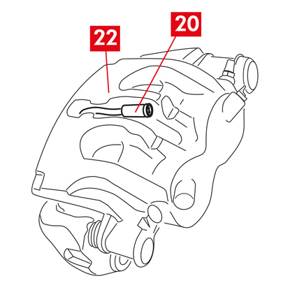 ACHTUNG! Den Bremssattel vorsichtig schließen und darauf achten, dass die Schutzmanschetten der Buchsen nicht durch Stöße gegen die Bremssattelhalterung beschädigt werden. Bei Bedarf die Manschetten austauschen.  ZUR BEACHTUNG! Bei der Montage von selbstklebenden Bremsbelägen ist darauf zu achten, dass das Bremssattelgehäuse nicht mit dem Bremsbelag in Berührung kommt, bevor die Montage des Bremssattelgehäuses abgeschlossen ist.   6. Führen Sie den Sensor des Verschleißanzeigers (Punkt 20) durch die entsprechende Öffnung am Bremssattelgehäuse (Punkt 22).