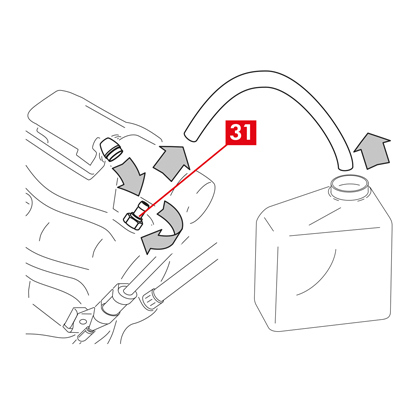 Einen durchsichtigen Schlauch an den Entlüftungsschrauben (Punkt 31) am Bremssattel anschließen, an dessen Ende ein Behälter zum Auffangen der abfließenden Flüssigkeit angebracht wird.   2. Öffnen Sie die Entlüftungsschraube (Punkt 31).   3. Betätigen Sie im Fahrzeug wiederholt das Bremspedal, bis Bremsflüssigkeit aus der Entlüftungsschraube austritt.   4. Halten Sie das Pedal gedrückt und schließen Sie die Entlüftungsschraube. Lassen Sie das Pedal los, warten Sie einige Sekunden und wiederholen Sie den Vorgang, bis die Flüssigkeit luftblasenfrei austritt und der normale Widerstand und Weg des Bremspedals wiederhergestellt ist.  5. Ziehen Sie die Entlüftungsschraube (Punkt 31) mit dem in der Tabelle angegebenen Anzugsdrehmoment fest: