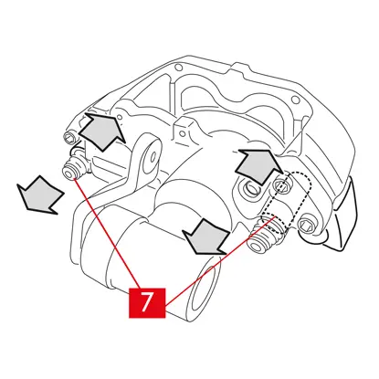 Entfernen Sie die Beläge, indem Sie das Bremssattelgehäuse gleichzeitig auf den Führungshülsen hin und her schieben (Punkt 7). Durch das Gleiten des Bremssattelgehäuses werden die Beläge leicht von der Scheibe wegbewegt, was ihr Herausziehen erleichtert.