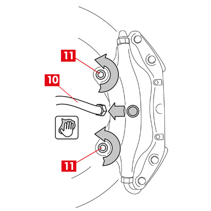 Lösen Sie die Zuleitung (Punkt 10) am Bremssattel gerade so weit, dass sie von Hand vollständig abgeschraubt werden kann, vermeiden Sie jedoch, dass Bremsflüssigkeit ausläuft.   8. Lösen Sie die Befestigungsschrauben (Punkt 11) mit einem Schraubenschlüssel und nehmen Sie den Bremssattel vom Nabenhalter ab. Lösen Sie die Zuleitung (Punkt 10) vollständig vom Bremssattel.   9. Entfernen Sie den Bremssattel aus dem Fahrzeug und legen Sie ihn auf eine Arbeitsfläche.