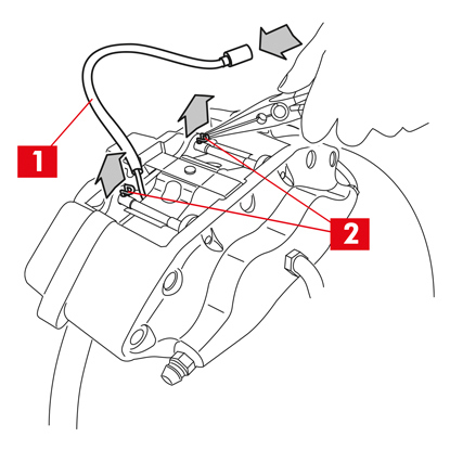 Das Rad entfernen.   2. Notieren Sie sich die Positionen der Federn, Stifte, Bremsbeläge, Verschleißanzeiger und Befestigungspunkte am Rahmen und am Bremssattel. Die Markierungen sind für den korrekten Wiedereinbau der Teile erforderlich.   3. Trennen Sie das Kabel des Verschleißanzeigers (Punkt 1), falls vorhanden, von der Klemme im Fahrzeug und befreien Sie es von eventuellen Haken am Fahrgestell und am Bremssattel.   Je nach Art des Bremssattels die nachstehenden Schritte ausführen.