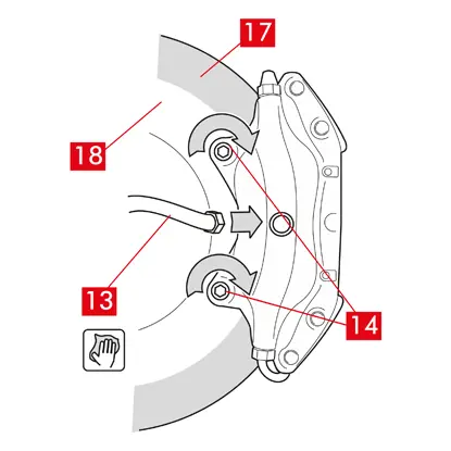 Reinigen Sie den Reibring  (Punkt 17) der Scheibe (Punkt 18) mit einem fettlösenden Mittel (z. B. Lösungsmittel SE 47).   8. Positionieren Sie den neuen Bremssattel auf der Achse und schieben Sie die Scheibe (Punkt 18) zwischen die Bremsbeläge.   9. Ziehen Sie die Befestigungsschrauben (Punkt 14) mit einem Schraubenschlüssel mit dem vom Fahrzeughersteller vorgeschriebenen Anzugsdrehmoment nach.