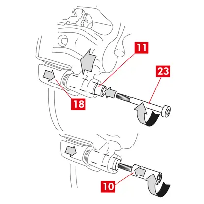 Die andere Führungsbuchse (Punkt 10) wieder in die Aufnahme der Bremssattelhalterung (Punkt 18) einsetzen.   8. Bei einer nicht integrierten Führungsbuchse (Punkt 11) ist eine neue Schraube (Punkt 23) zu montieren und anzubringen.