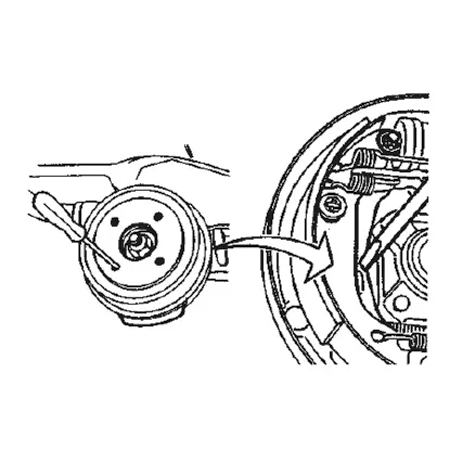 Die Trommel entfernen. Wenn sich die Dichtungen nur schwer lösen lassen, einen Schraubendreher in die Radbefestigungsbohrung an der Trommel einführen und den Handbremshebel zurück drücken.