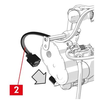 Schließen Sie das Kabel des Verschleißanzeigers, falls vorhanden, wieder an die Klemme im Fahrzeug an und befestigen Sie ihn mit leichtem Druck am Blech am Bremssattel und haken ihn am Fahrgestell wieder ein. 2. Die korrekte Spannung des Bremszug wieder herstellen. 3. Betätigen Sie den Hebel der Feststellbremse im Fahrerhaus des Fahrzeugs so oft, bis der gewohnte Anzug wiederhergestellt ist.