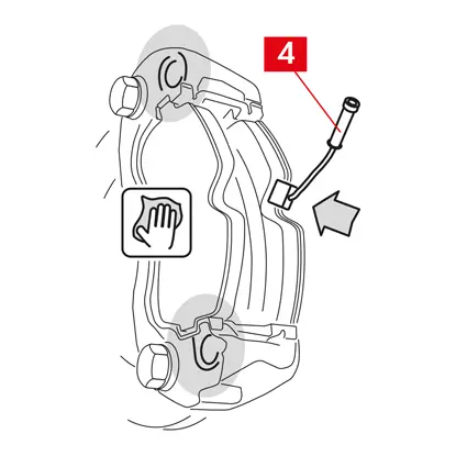 Falls vorhanden, bringen Sie die Klemme des Verschleißanzeigers (Punkt 4) an der den Kolben gegenüber des Bremsbelags an und tauschen Sie sie gegebenenfalls aus.  ACHTUNG! Achten Sie beim Anbringen der Klemme des Verschleißanzeigers darauf, dass der größte Vorsprung in Richtung der Reibfläche des Belags zeigt.