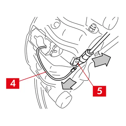 Trennen Sie das Kabel des Verschleißanzeigers (Punkt 4), falls vorhanden, von der Klemme im Fahrzeug, lösen Sie es vom Blech (Punkt 5), das es am Bremssattel hält und von eventuellen Haken am Fahrgestell.