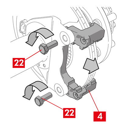ACHTUNG! Halten Sie bei der Demontage die Bremssattelhalterung fest, damit sie nicht versehentlich herunterfällt.   1. Die Befestigungsschrauben lösen (Punkt 22).   2. Nehmen Sie die Bremssattelhalterung (Punkt 4) vom Nabenhalter ab. Montageablauf