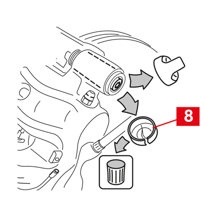 Wenn die Kappe aus Hartplastik besteht (Punkt 8), hebeln Sie sie mit einem Schraubenzieher ab. Beim Ausbau bricht die Kappe. ZUR BEACHTUNG! Verwenden Sie die demontierte Hartplastikkappe nicht wieder.  ACHTUNG! Die zu entfernende Führungsbuchse muss diejenige sein, die eine Drehung des Bremssattelgehäuses ermöglicht, ohne dass die Bremsflüssigkeitsleitung gespannt wird. ZUR BEACHTUNG! Es gibt zwei Arten von Führungsbuchsen: mit separater Schraube und mit integrierter Schraube