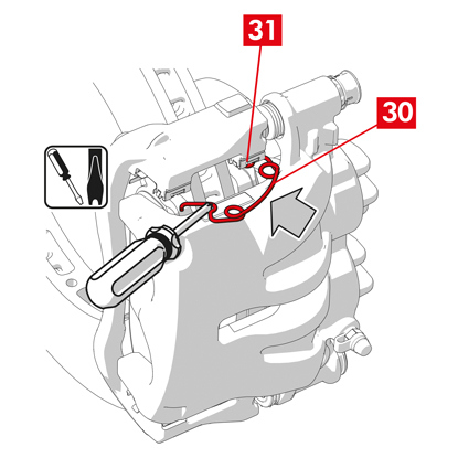 Bei Restmoment-Ausgleichsfedern (Punkt 30) haken Sie die Feder unter der Platte (Punkt 31) des Bremsbelags ein und haken Sie sie mit einem Hohlspitzschraubendreher unter der Platte des anderen Bremsbelags ein.  GEFAHR! Ein unsachgemäßes Einspannen der Feder kann dazu führen, dass sie herausspringt.