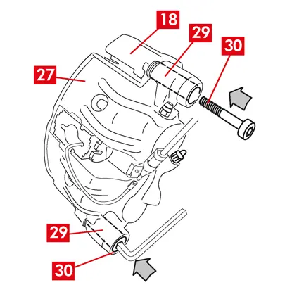 Bei den hinteren Bremssätteln Typ C (mit Feststellbremsenmechanismus) das Kabel (Punkt 11) für die Betätigung der Feststellbremse wieder verbinden.   14. Entfernen Sie den Stift (Punkt 19) aus dem Hebelanschlag.