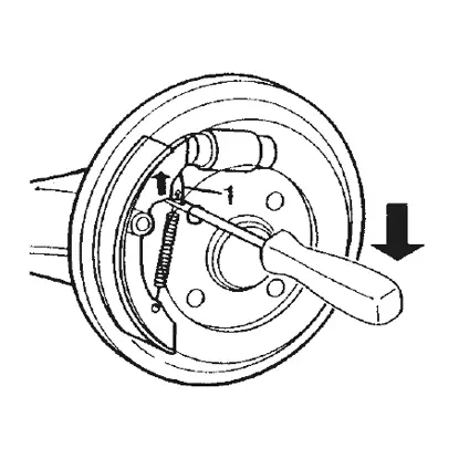 Die Trommel entfernen. Wenn sich die Dichtungen nur schwer lösen lassen, einen Schraubendreher in die Radbefestigungsbohrung an der Trommel einführen und die Spielrückstellung lösen, indem die Passfeder (Punkt 1) nach oben gedrückt wird.