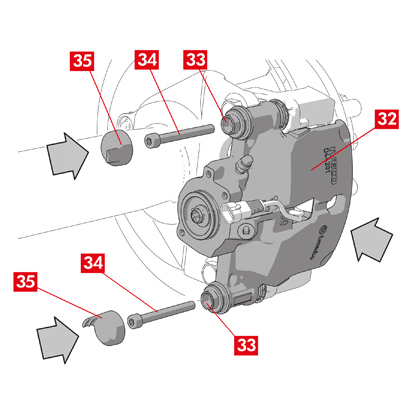 Positionieren Sie das Bremssattelgehäuse (Punkt 32), indem Sie es so auf die Scheibe setzen, dass die Führungsbuchsen mit den Bohrungen des Bremssattelgehäuses übereinstimmen.  ACHTUNG! Die Manschetten  nicht beschädigen.   7. Die Führungsbuchsen (Punkt 33) in die Aufnahmen an der Bremssattelhalterung schieben.   8. Setzen Sie die Schrauben (Punkt 34) ein und ziehen Sie sie mit einem Anzugsdrehmoment von 32 bis 36 Nm fest.   9. Bringen Sie die Kappen an (Punkt 35).  ACHTUNG! Bevor Sie die Schutzkappe entfernen, lassen Sie den Vorratsbehälter so hoch wie möglich stehen und achten Sie darauf, keine Bremsflüssigkeit in den Bremssattel zu verschütten.   10. Schließen Sie das Kabel des Verschleißanzeigers, falls vorhanden, wieder an die Klemme im Fahrzeug an und befestigen Sie ihn mit leichtem Druck am Blech am Bremssattel und haken ihn am Fahrgestell wieder ein.
