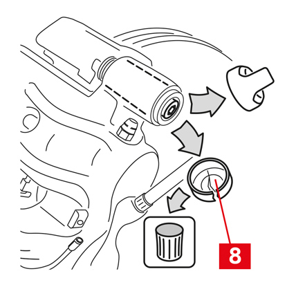 Wenn die Kappe aus Hartplastik besteht (Punkt 8), hebeln Sie sie mit einem Schraubenzieher ab. Beim Ausbau bricht die Kappe.  ZUR BEACHTUNG! Verwenden Sie die demontierte Hartplastikkappe nicht wieder.  ACHTUNG! Die zu entfernende Führungsbuchse muss diejenige sein, die eine Drehung des Bremssattelgehäuses ermöglicht, ohne dass die Bremsflüssigkeitsleitung gespannt wird. ZUR BEACHTUNG! Es gibt zwei Arten von Führungsbuchsen: mit separater Schraube und mit integrierter Schraube.