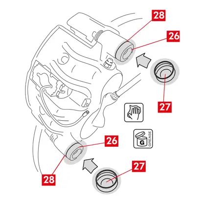 Reinigen Sie die Teile sorgfältig (Punkt 26), um die Dichtheit zu gewährleisten, und bringen Sie neue Schutzkappen an (Punkt 27), wobei Sie die Innenfläche und den Sitz am Bremssattelgehäuse mit dem im Austauschsatz enthaltenen Fett einfetten.   3. Drehen Sie die Schutzkappen (Punkt 27) so, dass sie fest sitzen (Punkt 28).