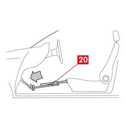 Bringen Sie einen Abstandshalter (Punkt 20) im Fahrgastraum zwischen Sitz und Bremspedal an, damit das Pedal während des gesamten Vorgangs gedrückt bleibt.  ZUR BEACHTUNG! Dadurch schließt den Hydraulikkreislauf der Bremsen und verhindert so das Austreten der Bremsflüssigkeit. ACHTUNG! Achten Sie bei allen nachfolgend beschriebenen Schritten darauf, dass die Bremsflüssigkeit nicht mit Teilen des Fahrzeugs in Berührung kommt, die beschädigt werden könnten, insbesondere mit lackierten Teilen. Bei Spritzern oder versehentlichem Verschütten von Bremsflüssigkeit sofort mit Papier abtupfen und mit Wasser reinigen.