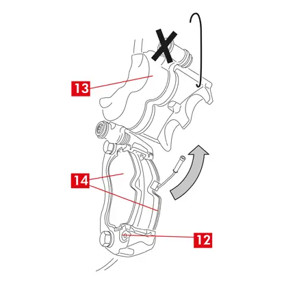 Bewegen Sie das Bremssattelgehäuse (Punkt 13) von der Bremssattelhalterung (Punkt 12) weg, indem Sie ihn um die andere Führungsbuchse drehen, damit die Bremsbeläge (Punkt 14) aus der Bremssattelhalterung gezogen werden können. Befestigen Sie das Bremssattelgehäuse mit Hilfe geeigneter Halterungen am Fahrzeugrahmen. Der Sitz der Buchse darf nicht als Befestigungspunkt verwendet werden.