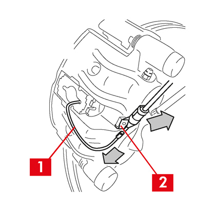 Trennen Sie das Kabel des Verschleißanzeigers (Punkt 1), falls vorhanden, von der Klemme im Fahrzeug, lösen Sie es vom Blech (Punkt 2), das es am Bremssattel hält und von eventuellen Haken am Fahrgestell.
