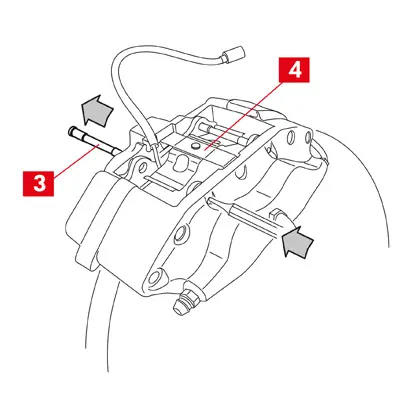 •	Ziehen Sie einen der Stifte (Punkt 3) mit Hilfe eines Hammers und eines Splinteintreibers gerade so weit heraus, dass Sie ihn von Hand herausziehen können, und ziehen Sie ihn dann ganz heraus, während Sie die Feder (Punkt 4) mit einer Hand festhalten.   •	Die Feder (Punkt 4) und alle anderen Stifte (Punkt 5) entfernen.